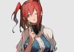  1girl absurdres breasts chocolate_(jitong) coin grey_background highres one_eye_closed onozuka_komachi puffy_short_sleeves puffy_sleeves red_eyes red_hair short_sleeves solo touhou two_side_up upper_body 