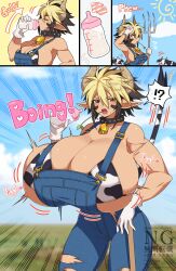  1girl blush bottle breast_expansion breasts cathyl cleavage cow_horns cow_print cow_print_bikini cow_tail cowbell dadadanoda female_focus gigantic_breasts gloves highres horns looking_at_viewer milk_bottle monster_musume_no_iru_nichijou multicolored_hair muscular muscular_female overalls pitchfork pointy_ears print_bikini short_hair solo tail two-tone_hair 