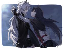  2girls animal_ears arknights black_capelet black_gloves black_hair black_jacket border capelet closed_mouth cropped_legs elbow_gloves eye_contact face-to-face fingerless_gloves gloves grey_gloves grey_hair holding_hands interlocked_fingers jacket lappland_(arknights) light_particles long_hair looking_at_another multiple_girls notf_404 outside_border parted_lips profile standing tail texas_(arknights) white_border wolf_ears wolf_girl wolf_tail yellow_eyes yuri 