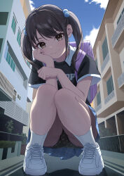 1girl absurdres backpack bag black_hair black_panties black_shirt blue_skirt building commission giant giantess hair_bobbles hair_ornament hand_on_own_face head_rest highres huge_filesize loli looking_at_viewer mesugaki original outdoors panties pantyshot pleated_skirt print_panties purple_bag randoseru shirt shoes short_sleeves skeb_commission skirt smile sneakers socks squatting tsunenorip twintails underwear upskirt white_shoes white_socks  rating:Sensitive score:97 user:danbooru