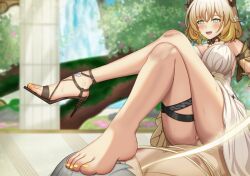  1boy 1girl absurdres aglaea_(honkai:_star_rail) barefoot blonde_hair blush caelus_(honkai:_star_rail) clothed_female_nude_male crossed_legs denokoto dress feet foot_on_another&#039;s_face highres honkai:_star_rail honkai_(series) medium_hair multicolored_eyes no_panties nude open_mouth sex shoes single_shoe sitting sitting_on_person toes trailblazer_(honkai:_star_rail) vaginal  rating:Explicit score:39 user:ssfl