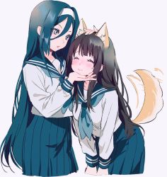 2girls animal_ears blunt_bangs blush chitanda_eru closed_eyes dog_ears dog_tail hairband hand_on_another&#039;s_chin hand_on_another&#039;s_head headpat hyouka irisu_fuyumi kamiyama_high_school_uniform_(hyouka) long_hair mery_(yangmalgage) multiple_girls pleated_skirt school_uniform serafuku skirt tail tail_wagging rating:Sensitive score:22 user:danbooru