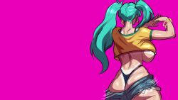  1girl animated animated_gif aqua_hair ass ass_shake back backboob bikini blue_hair bouncing_breasts bracelet brazilian_flag brazilian_miku breasts cropped_shirt curvy cutoffs dancing denim denim_shorts earrings from_behind geulimykun_(skbyunea413) hatsune_miku highleg highleg_bikini highres hoop_earrings huge_ass huge_breasts jewelry jiggle long_hair looping_animation low_neckline meme motion_lines pink_background shiny_skin shirt short_shorts shorts solo swimsuit tan tanline thick_thighs thighs thong twintails underboob vocaloid whale_tail_(clothing) wide_hips yellow_shirt  rating:Sensitive score:166 user:JustHere4Butts