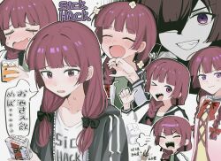  &gt;_o 1girl bocchi_the_rock! bow braid clenched_teeth closed_eyes closed_mouth commentary crying earrings fang haidao_mao hair_bow highres hiroi_kikuri jewelry long_hair low_twintails monochrome multiple_views one_eye_closed open_mouth puff_of_air purple_eyes purple_hair sharp_teeth shirt spot_color teeth thumbs_up twin_braids twintails white_shirt 