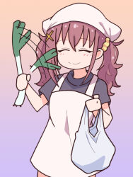  1girl apron bag bandana black_shirt closed_eyes cowboy_shot food furutachi_kurea gradient_background hair_ornament hair_scrunchie hibi_wa_sugiredo_meshi_umashi holding holding_bag holding_food leekspin_(meme) long_hair meme purple_background red_hair scrunchie shiratama_mugicha shirt smile solo standing twintails white_apron white_bandana x_hair_ornament 