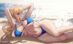  1girl armpits arms_behind_back artist_name aztodio bad_anatomy bare_arms bare_legs bare_shoulders beach bikini blonde_hair blue_bikini blue_eyes breasts collarbone commentary english_commentary feet_out_of_frame genshin_impact hair_between_eyes jean_(genshin_impact) large_breasts long_hair looking_at_viewer lying navel on_side outdoors ponytail shadow sidelocks smile solo stomach swimsuit thighs  rating:Sensitive score:77 user:danbooru