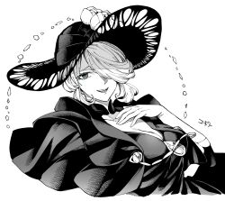  1girl breasts character_name cleavage cogita_(pokemon) commentary cropped_torso dress elbow_gloves flower gloves green_eyes hair_over_one_eye hand_on_own_chest hat hat_flower highres monochrome nintendo one_eye_covered pokemon pokemon_legends:_arceus sharumon simple_background smile spot_color swept_bangs  rating:Sensitive score:6 user:danbooru