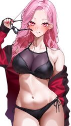  1girl 404_(pixiv_94263879) bikini black_bikini breasts cleavage collarbone highres holding holding_removed_eyewear hololive hololive_english jacket large_breasts long_hair looking_at_viewer mori_calliope navel pink_eyes pink_hair red_eyes red_jacket red_nails removing_jacket see-through_bikini see-through_cleavage see-through_clothes side-tie_bikini_bottom simple_background smile solo stomach string_bikini sunglasses swimsuit unworn_eyewear virtual_youtuber white_background 