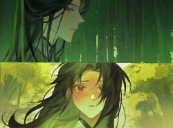 2boys absurdres bamboo bamboo_forest bishounen black_hair blush chinese_clothes closed_mouth curtained_hair day floating_hair fluffy_hair forest furrowed_brow green_eyes green_hanfu half_updo hanfu high_collar highres long_hair luo_binghe male_focus messy_hair multiple_boys nature nervous nose_blush open_mouth outdoors parted_bangs profile raised_eyebrows red_eyes renzha_fanpai_zijiu_xitong shen_qingqiu split_screen squid_0930 sweat tree wide-eyed 