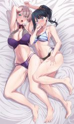  2girls aqua_eyes armpits arms_up barefoot bed_sheet bikini black_bikini black_hair blue_eyes blush breasts cleavage collarbone commentary_request feet full_body gridman_universe highres large_breasts layered_bikini light_purple_hair long_hair looking_at_viewer medium_breasts mujina multiple_girls navel open_mouth parted_lips ponytail short_hair sideboob ssss.dynazenon ssss.gridman stomach swimsuit takarada_rikka teeth thighs toes upper_teeth_only wakusei-planet  rating:Sensitive score:104 user:danbooru
