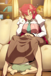 1boy 2girls age_difference barefoot blush breasts caught clothed_sex couch cunnilingus feet feet_out_of_frame female_focus glasses hairu hand_on_another&#039;s_head implied_cunnilingus large_breasts long_hair long_sleeves looking_at_another multiple_girls necktie oral peeking red_hair shorts shota skirt soles stealth_sex teacher teacher_and_student tengen_toppa_gurren_lagann under_another&#039;s_clothes under_skirt very_long_hair yellow_eyes yoko_littner yomako rating:Explicit score:291 user:danbooru