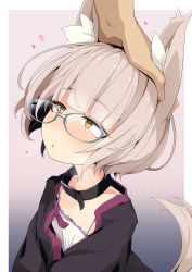 1boy 1girl animal_ear_fluff animal_ears black_collar black_jacket blue-framed_eyewear blush brown_hair camisole collar collarbone commentary_request drooling glasses headpat heart highres in_heat irene_(ogami_kazuki) jacket nose_blush ogami_kazuki open_clothes open_jacket original out_of_frame parted_lips saliva solo_focus tail white_camisole yellow_eyes rating:Sensitive score:69 user:danbooru
