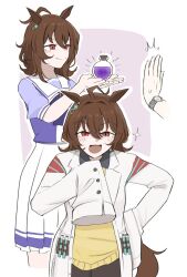  1girl 1other :d agnes_tachyon_(umamusume) animal_ears black_pantyhose bow bowtie brown_hair cardigan closed_mouth commentary earrings english_commentary flask giving hair_between_eyes highres holding holding_flask horse_ears horse_girl horse_tail jewelry lab_coat long_sleeves looking_at_viewer mata_(matasoup) medium_hair multiple_views open_mouth pantyhose pleated_skirt puffy_short_sleeves puffy_sleeves purple_background purple_bow purple_bowtie red_eyes school_uniform shirt short_sleeves skirt sleeves_past_fingers sleeves_past_wrists smile tail test_tube tracen_school_uniform umamusume watch white_shirt white_skirt wristwatch yellow_cardigan 