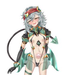  1girl absurdres arm_behind_back bikini black_gloves black_one-piece_swimsuit blush breasts cameltoe corruption covered_erect_nipples cowboy_shot dark_persona demon_girl demon_tail demon_wings elbow_gloves g11_(girls&#039;_frontline) girls&#039;_frontline gloves gluteal_fold grey_hair groin hair_between_eyes half-closed_eyes head_tilt headband heart highres logia13laplace long_hair looking_at_viewer low_wings medium_hair messy_hair micro_bikini navel official_alternate_costume one-piece_swimsuit open_mouth pubic_tattoo red_headband revealing_clothes see-through_clothes see-through_skirt shiny_skin short_sleeves showgirl_skirt shrug_(clothing) simple_background skindentation skirt slave_gear slingshot_swimsuit small_breasts smile solo standing stomach swimsuit tail tattoo thigh_strap thighs transparent_background ts_magical_girl_nao variant_set white_background wings yellow_eyes 