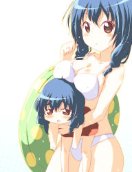2girls :o bikini blue_hair blush breast_press breast_rest breasts breasts_on_head brown_eyes carrying cleavage eyebrows furutani_himawari furutani_kaede large_breasts multiple_girls na!_(na&#039;mr) siblings simple_background sisters swimsuit twintails white_bikini yuruyuri rating:Sensitive score:43 user:danbooru