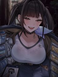  1girl belt black_bra black_choker black_hair blue_skirt blush bra bra_visible_through_clothes breasts cellphone choker coin collarbone cowboy_shot fangs goddess_of_victory:_nikke gold_coin half-closed_eyes highres huazhimaru0 jacket lace lace-trimmed_bra lace_trim large_breasts long_hair looking_at_viewer medicine_bottle mole mole_under_eye open_clothes open_jacket open_mouth outdoors phone red_eyes shirt skirt smartphone sora_(nikke) twintails underwear white_shirt wireless_earphones 