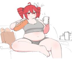  1girl ahoge alternate_body_size bag baguette bread breasts cleavage closed_mouth cropped_legs drill_hair fat fat_woman food foot_out_of_frame grey_shorts hair_between_eyes holding holding_food jitome kasane_teto medium_breasts muffin_top navel nimo_(b45ui) no_pupils paper_bag plump red_eyes red_hair shorts sitting solo thick_thighs thighs twin_drills utau white_background  rating:Sensitive score:36 user:danbooru