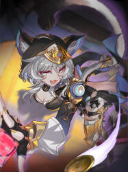  1girl absurdres animal_ears animal_hood belt black_gloves black_leotard blue_eyes boots breasts cat_ears cat_girl cat_hood cat_tail chinese_commentary cipher_(honkai:_star_rail) cleavage commentary_request fingerless_gloves gem gloves gold_boots grey_hair highres honkai:_star_rail honkai_(series) hood leotard m78_zaitaoaotezhanshi medium_breasts mole mole_on_breast short_hair_with_long_locks solo tail thigh_belt thigh_strap thighs yellow_nails 
