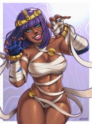  1girl alternate_costume ancient_egyptian ancient_egyptian_clothes bandages blunt_bangs bob_cut breasts circlet claw_pose contrapposto curvy dark-skinned_female dark_skin eyeshadow fingerless_gloves gloves green_eyes jewelry large_breasts linea_alba looking_at_viewer makeup menat mootium mummy_costume naked_bandage narrow_waist navel official_alternate_costume paw_pose purple_hair purple_lips revealing_clothes shiny_skin short_hair skindentation smile solo street_fighter street_fighter_v thick_thighs thigh_gap thighs wide_hips  rating:Sensitive score:37 user:ReadRejects
