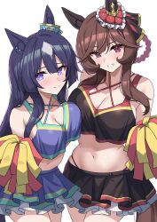  2girls absurdres alternate_costume animal_ears black_shirt black_skirt blue_hair blue_shirt blue_skirt braid braided_hair_rings breasts brown_hair cheerleader cleavage closed_mouth commentary_request crop_top cropped_shirt frilled_skirt frills gentildonna_(umamusume) hair_rings highres holding holding_pom_poms horse_ears horse_girl horse_tail kibihimi large_breasts long_hair looking_at_viewer multiple_girls navel pom_pom_(cheerleading) pom_poms purple_eyes red_eyes shirt simple_background skirt smile tail umamusume verxina_(umamusume) white_background 