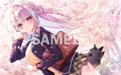  1girl absurdres ahoge bag black_jacket black_skirt blurry blurry_background blush braid braided_hair_rings breasts cherry_blossoms closed_mouth clothes_lift commentary_request cowboy_shot dappled_sunlight day dutch_angle eyes_visible_through_hair falling_petals floating_hair hair_between_eyes hair_intakes hair_ornament hair_rings hairclip hand_up highres indie_virtual_youtuber ishihara_mai_(vtuber) jacket large_breasts long_hair long_sleeves looking_at_viewer miniskirt open_clothes open_jacket outdoors petals plaid_clothes plaid_skirt pleated_skirt purple_eyes sample_watermark school_bag school_uniform second-party_source side_braid single_hair_ring skirt skirt_lift sleeves_past_wrists smile solo spring_(season) straight_hair sunlight sweater very_long_hair virtual_youtuber watermark white_hair wind wind_lift yellow_sweater yuzuna_hiyo 