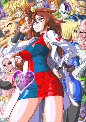  1990s_(style) 3girls 6+boys absurdres adam&#039;s_apple adjusting_eyewear android android_16 android_18 android_21 anger_vein antennae armpits back-to-back bald bandeau bare_legs belt big_hair bikini black_bandeau black_bikini black_eyes black_sclera blonde_hair blue_eyes blue_skirt blue_vest breasts brown_belt brown_hair character_request cleavage clenched_teeth closed_mouth colored_sclera colored_skin commentary_request contrapposto covered_collarbone covered_erect_nipples cropped_vest dragon_ball dragon_ball_fighterz dress everyone evil_grin evil_smile eyes_visible_through_hair fangs final_form_frieza forehead frieza frown glasses gluteal_fold gold_trim green_eyes green_skin grey-framed_eyewear grey_eyes grin hand_on_own_hip hand_up happy_valentine harem_pants heart highres juubaori_mashumaro kid_buu lab_coat large_breasts legs long_hair long_sleeves looking_at_viewer looking_back majin_android_21 majin_buu miniskirt multicolored_dress multiple_boys multiple_girls muscular muscular_female narrow_waist no_eyebrows no_nose no_sclera open_mouth orange_hair pants pencil_skirt piccolo pink_skin pointy_ears purple_skin red_eyes retro_artstyle sanpaku serious short_dress short_hair skin_tight skirt sleeves_rolled_up smile son_goku spiked_hair standing strapless super_saiyan super_saiyan_1 super_saiyan_3 swimsuit tail taut_clothes taut_dress teeth thick_eyebrows third_eye topless_male torn_clothes torn_sleeves v-shaped_eyebrows valentine vegeta very_long_hair vest white_skin  rating:Sensitive score:24 user:danbooru