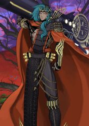  1boy aqua_hair arm_at_side arm_up ashoka_(fate) black_pants cape carrying_over_shoulder chain clenched_hand closed_mouth clothing_request crown dark-skinned_male dark_skin earrings fate/grand_order fate_(series) feet_out_of_frame frown furumi_showichi game_cg gold_earrings hair_over_shoulder holding holding_weapon indian_clothes jewelry legs_apart long_hair looking_at_viewer male_focus no_shirt official_art orange_cape orange_eyes pants solo third-party_source toned toned_male v-shaped_eyebrows variant_set weapon 