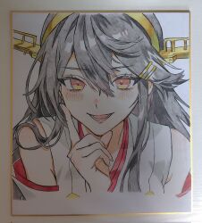  1girl blush commentary_request detached_sleeves double-parted_bangs grey_hair hair_between_eyes hairband haruna_(kancolle) highres kantai_collection long_hair long_sidelocks looking_at_viewer nontraditional_miko open_mouth photo_(medium) portrait red_eyes sakana_u_u shikishi sidelocks simple_background smile solo traditional_media white_background yellow_hairband 
