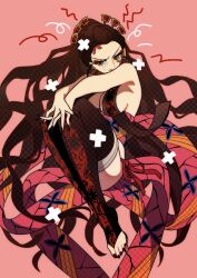 1girl black_hair black_nails black_thighhighs crying crying_with_eyes_open daki_(kimetsu_no_yaiba) demon_girl formal_clothes goshiko86g hair_ornament hairpin kimetsu_no_yaiba long_hair sitting solo suit tears thighhighs very_long_hair 