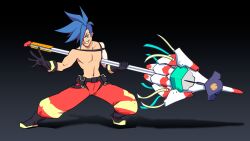  black_boots black_gloves blue_eyes blue_hair boots emiladylbekuulu galo_thymos gloves matoi no_shirt non-web_source pants promare red_pants teeth topless_male trigger_(company) 
