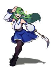  1girl black_boots blue_eyes blue_skirt boots collared_shirt detached_sleeves frog_hair_ornament gohei green_eyes green_hair hair_ornament highres iganashi1 kochiya_sanae leggings one-hour_drawing_challenge salute shirt simple_background skirt sleeveless sleeveless_shirt snake_hair_ornament solo touhou white_background white_shirt white_sleeves wide_sleeves 