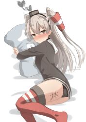  1girl absurdres amatsukaze_(kancolle) black_dress black_panties brown_eyes dress feet_out_of_frame grey_hair hair_tubes hat highres hugging_object kantai_collection long_hair long_shirt long_sleeves looking_at_viewer mini_hat neckerchief panties pillow pillow_hug red_neckerchief red_thighhighs sailor_collar sailor_dress short_dress signature simple_background smoke_heart smokestack_hair_ornament solo striped_clothes striped_thighhighs sukimizaki thighhighs two_side_up underwear white_background white_sailor_collar yes-no_pillow 