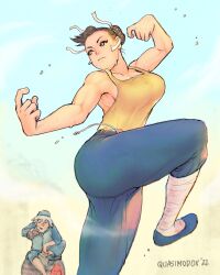  1boy 1girl absurdres alt_text beggar_so biceps blue_pants blue_sky breasts brown_eyes brown_hair capcom chun-li commentary crossover day double_bun drunken_master english_commentary fighting_stance flats hair_bun highres kung_fu large_breasts leg_wrap martial_arts muscular muscular_female no_bra old old_man pants quasimodox short_hair sky solo_focus standing standing_on_one_leg street_fighter sweat tank_top thick_thighs thighs track_pants wing_chun yellow_tank_top 