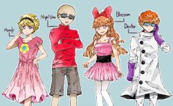  2boys 2girls bald black_hairband black_sash blonde_hair blossom_(ppg) blue-tinted_eyewear blue_background blue_eyes blunt_bangs bow character_name clenched_hands coat codename:_kids_next_door collarbone crossed_arms danishi dexter&#039;s_laboratory dexter_(dexter&#039;s_laboratory) dress eyes_visible_through_eyewear facing_viewer flower_symbol fusionfall gloves goggles grey_eyes grey_shorts hair_bow hairband highres long_hair long_sleeves mandy_(grim_adventures) multiple_boys multiple_girls numbuh_1 orange_hair outline pantyhose pink_dress pink_eyes pink_shirt pink_skirt powerpuff_girls puffy_short_sleeves puffy_sleeves purple_gloves red_bow red_shirt sash shirt short_hair short_sleeves shorts simple_background skirt sleeveless sleeveless_shirt smirk standing sunglasses swept_bangs the_grim_adventures_of_billy_&amp;_mandy tinted_eyewear turtleneck v-shaped_eyebrows white_coat white_outline white_pantyhose 