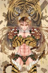 1girl abs animal_ears breasts cleavage crossed_arms highres jinko_(monster_girl_encyclopedia) long_hair monster_girl monster_girl_encyclopedia monster_girl_encyclopedia_ii muscular muscular_female navel paundo2 tail thick_thighs thighs tiger tiger_ears tiger_tail yellow_eyes rating:Sensitive score:32 user:Rikko-43