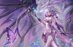  1girl anniecreate asymmetrical_gloves bare_shoulders black_bow bow bug butterfly castorice_(honkai:_star_rail) dragon dress elbow_gloves floating_hair gloves gold_tiara hair_bow highres holding holding_scythe honkai:_star_rail honkai_(series) insect legwear_cutout long_hair looking_at_viewer low_twintails pollux_(honkai:_star_rail) pantyhose parted_lips pointy_ears purple_butterfly purple_eyes purple_gloves purple_hair scythe twintails uneven_gloves walking white_bow white_dress white_pantyhose 