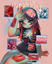  1girl anatomy biology blood brain colored_skin english_text feefal green_skin guro highres intestines long_hair neuron original red_blood_cell ribs simple_background solo 