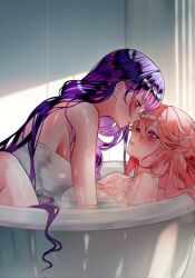  2girls bathtub breasts cleavage commentary genshin_impact highres imminent_kiss indoors large_breasts long_hair multiple_girls naked_towel pink_hair purple_eyes purple_hair raiden_shogun sanya_(sanya_lox228) shared_bathing towel water wet yae_miko yuri 