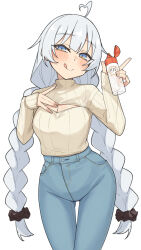  1girl absurdres ahoge blue_eyes braid breasts cleavage_cutout clothing_cutout denim gukr4322 heart heart_ahoge high-waist_pants highres jeans kizuna_akari large_breasts licking_lips long_hair lube naughty_face pants sleeves_past_wrists sweater tongue tongue_out turtleneck turtleneck_sweater twin_braids very_long_hair vocaloid voiceroid white_background 