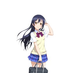  1girl bag blue_hair blue_skirt blush bow bowtie brown_sweater_vest cowboy_shot diagonal-striped_bow diagonal-striped_bowtie diagonal-striped_clothes furrowed_brow hair_between_eyes hand_up holding holding_bag long_hair looking_at_viewer love_live! love_live!_school_idol_festival love_live!_school_idol_project miniskirt official_art otonokizaka_school_uniform plaid_clothes plaid_skirt pleated_skirt raised_inner_eyebrows red_bow red_bowtie school_bag school_uniform shirt short_sleeves skirt smile solo sonoda_umi standing striped_clothes summer_uniform sweater_vest transparent_background white_shirt yellow_eyes 