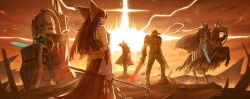  1girl 4boys absurdres arm_up armor armored_boots bare_shoulders belt berserk black_cape black_pants boots bow brown_eyes brown_hair cape coat crossover crucible_(doom) dante_(devil_may_cry) detached_sleeves devil_may_cry_(series) doom_(series) doomguy dress glowing glowing_eyes glowing_sword glowing_weapon gohei grey_knight grin hair_bow hair_tubes hakurei_reimu haraegushi helmet highres holding holding_behind_back holding_sword holding_sword_behind_back holding_weapon holding_weapon_behind_back horse horseback_riding light long_dress long_hair looking_at_viewer looking_back multiple_boys oonusa pants pauldrons power_armor power_connection praetor_suit red_bow red_coat red_dress riding royl shide shield shoulder_armor skull_knight_(berserk) skull_print smile sword touhou warhammer_40k weapon white_hair wide_sleeves 