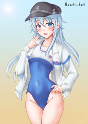  1girl anti_(untea9) backless_swimsuit blue_eyes blue_one-piece_swimsuit blush breasts competition_school_swimsuit covered_navel cowboy_shot flat_cap gradient_background grey_hair hair_between_eyes hat hibiki_(kancolle) highres jacket jacket_over_swimsuit kantai_collection long_hair long_sleeves looking_at_viewer new_school_swimsuit one-piece_swimsuit open_mouth school_swimsuit school_uniform serafuku small_breasts smile solo swimsuit swimsuit_under_clothes twitter_username two-tone_one-piece_swimsuit two-tone_swimsuit white_hair white_jacket white_one-piece_swimsuit yellow_background yokosuka_girls_marine_high_school_swimsuit 