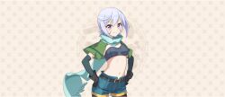  1girl aqua_scarf belt belt_buckle black_belt black_gloves breasts buckle cape chris_(konosuba) closed_mouth cowboy_shot crop_top denim denim_shorts earrings elbow_gloves facial_scar game_cg gloves green_cape grey_hair groin hair_between_eyes hands_on_own_hips highres jewelry kono_subarashii_sekai_ni_shukufuku_wo! konosuba!_fantastic_days light_blush long_scarf looking_at_viewer navel official_art patterned_background purple_eyes scar scar_on_cheek scar_on_face scarf short_hair short_shorts shorts side_ahoge sidelocks small_breasts smile solo standing tachi-e 