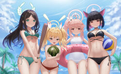 4girls after-school_sweets_club_(blue_archive) airi_(blue_archive) alternate_costume animal_ears ball baseball_bat beach_volleyball bikini black_bikini black_choker black_eyes black_hair blonde_hair blue_archive blue_sky blunt_bangs bob_cut breasts carrying cat_ears cat_girl choker cleavage cloud cloudy_sky coconut_tree colored_inner_hair commentary_request extra_ears food fruit green_bikini green_eyes gyeonyu_art hair_between_eyes hair_ornament hairclip halo holding holding_ball holding_baseball_bat holding_food holding_fruit holding_swim_ring holding_watermelon innertube kazusa_(blue_archive) leaning_forward loli long_hair looking_at_viewer multicolored_hair multiple_girls natsu_(blue_archive) navel one-piece_swimsuit outdoors palm_tree pink_hair pink_innertube red_bikini red_eyes short_hair side-tie_bikini_bottom side_ponytail sidelocks sky stomach summer swim_ring swimsuit tree twintails underboob volleyball_(object) watermelon white_one-piece_swimsuit wind yoshimi_(blue_archive) 