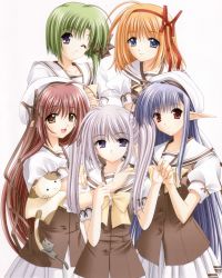  00s 5girls absurdres ahoge blue_eyes blue_hair breasts brown_eyes brown_hair everyone fuyou_kaede green_hair hat highres lisianthus long_hair medium_breasts multiple_girls nerine nishimata_aoi official_art orange_hair pointy_ears primula purple_eyes red_eyes ribbon school_uniform serafuku shigure_asa short_hair shuffle! simple_background small_breasts standing suzuhira_hiro twintails  rating:Sensitive score:21 user:danbooru
