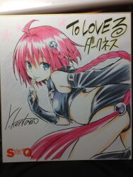  1girl ahoge blue_eyes blush braid braided_ponytail breasts hair_intakes hair_ornament highres kurosaki_mea long_hair medium_breasts photo_(medium) red_hair side_braid solo to_love-ru to_love-ru_darkness traditional_media yabuki_kentarou 