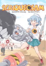  1girl beheaded_kamikaze blue_hair brown_eyes commentary_request dixie_cup_hat double_bun enemy_lifebuoy_(kancolle) enjaku_izuku fang gatling_gun green_skirt hair_bun hat headless highres kantai_collection military_hat miniskirt name_connection parody pleated_skirt red_footwear samuel_b._roberts_(kancolle) serious_sam shirt short_hair skirt t-shirt weapon white_headwear 
