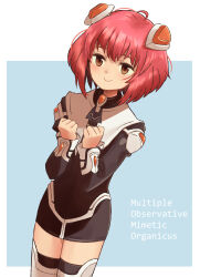  1girl absurdres arms_up black_dress blue_background border brown_eyes character_name clenched_hand closed_mouth commentary_request dress eushima_(sgr) highres momo_mizrahi outside_border pink_hair short_dress short_hair simple_background smile solo standing white_border xenosaga xenosaga_episode_i 