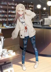  1girl absurdres blonde_hair book book_stack bookshelf ceiling_light cup english_text gakuen_idolmaster glasses hair_ornament hairclip highres idolmaster jacket jewelry lamp necklace official_art orange_eyes pants plate promotional_art shinosawa_hiro solo teacup 