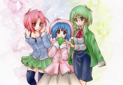  3girls banshiryuu black_thighhighs blue_eyes blue_hair blue_shirt blue_skirt breasts commentary_request felia_(seihou) glasses green_eyes green_hair green_skirt ilia_(seihou) io_(maryann_blue) jacket multiple_girls open_clothes open_jacket pink_eyes pink_hair pink_headwear pink_shirt red_tie seihou shirt short_hair skirt stuffed_toy thighhighs tolia_(seihou) white_shirt 